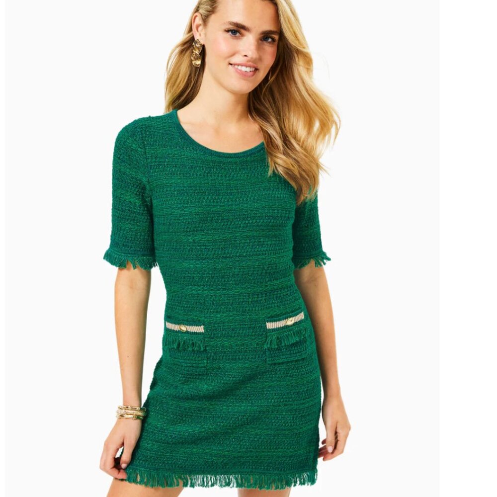Lilly Pulitzer Beckington Sweater Dress Fiddle Leaf Green Metallic Marl